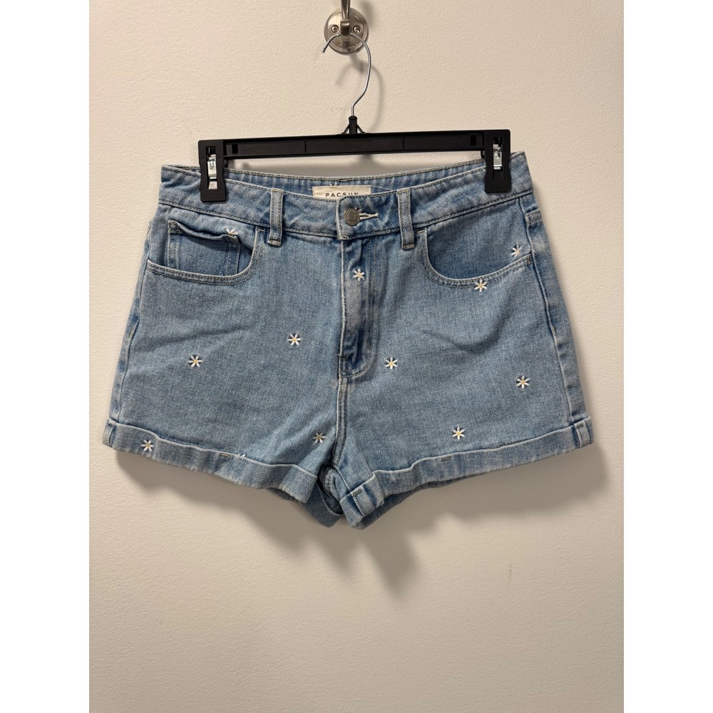 PacSun Mom Shorts Light Wash Denim Floral Daisy Embroidered High Waisted Size 27